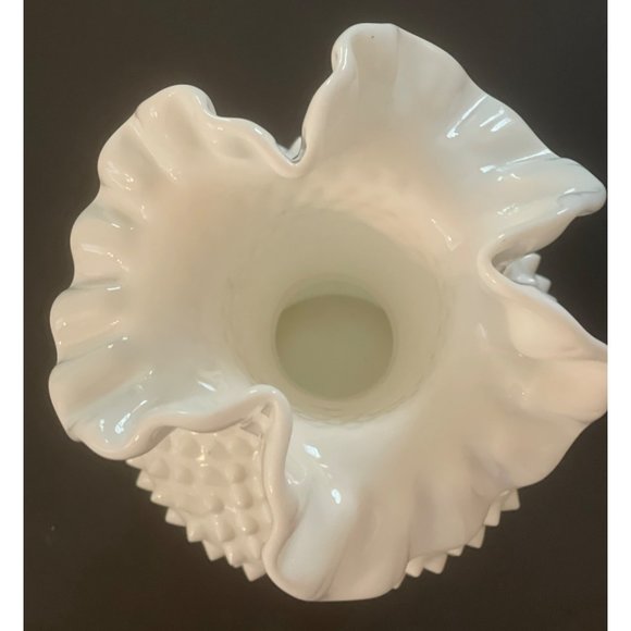 Vintage Fenton Vase Hobnail Milk Glass Bulbous Ruffle 11" White Pre Fenton Mark - Picture 6 of 7